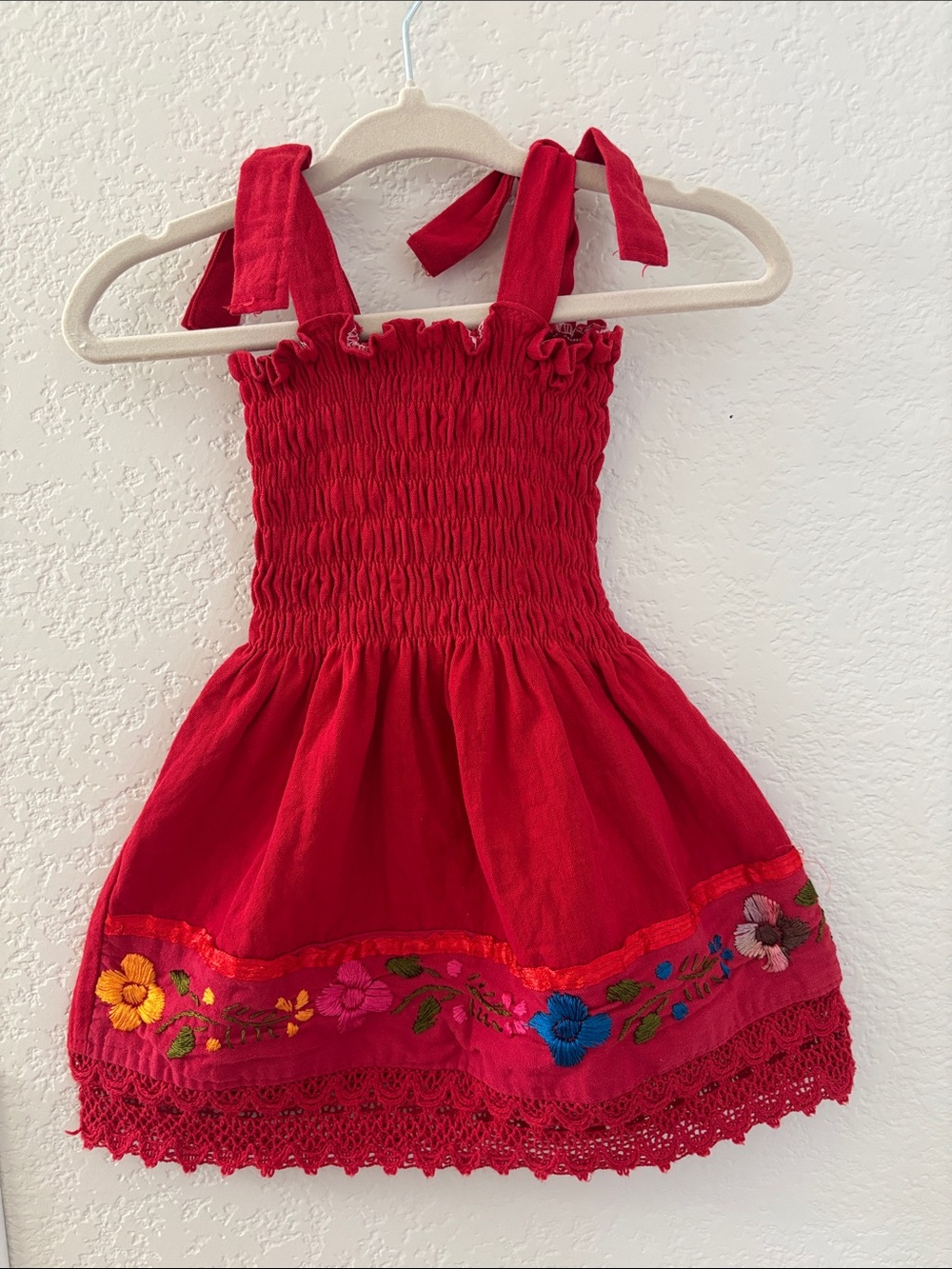 Red Embroidered Tie-Strap Girls' Dress